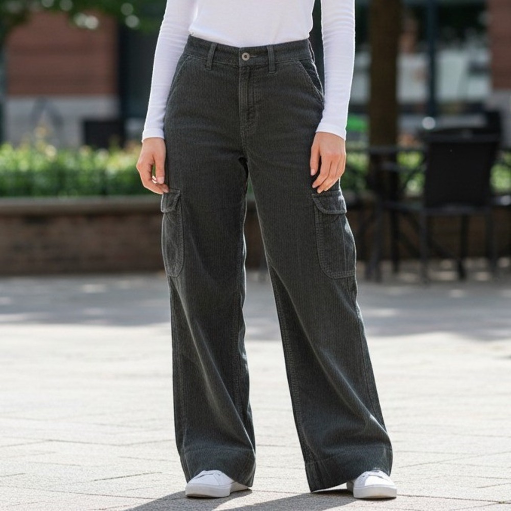 American Eagle Baggy Wide Leg Cargo Pants Women 00/26x28 Gray High Rise Corduroy